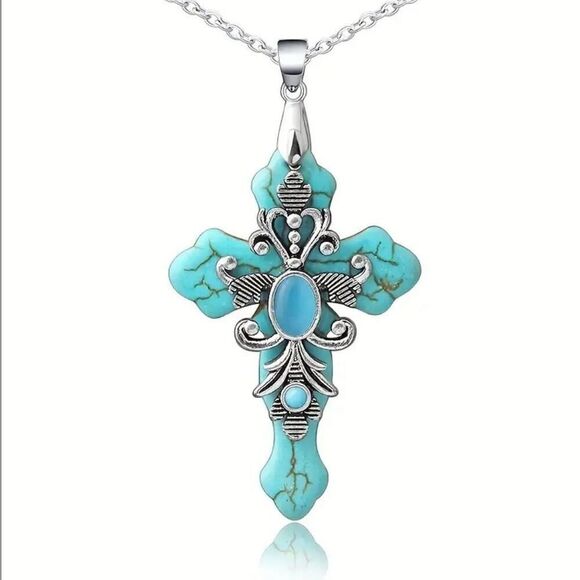 Turquoise Howlite Stone Cross Pendant Necklace Womens Casual Religious Jewelry - Picture 1 of 6
